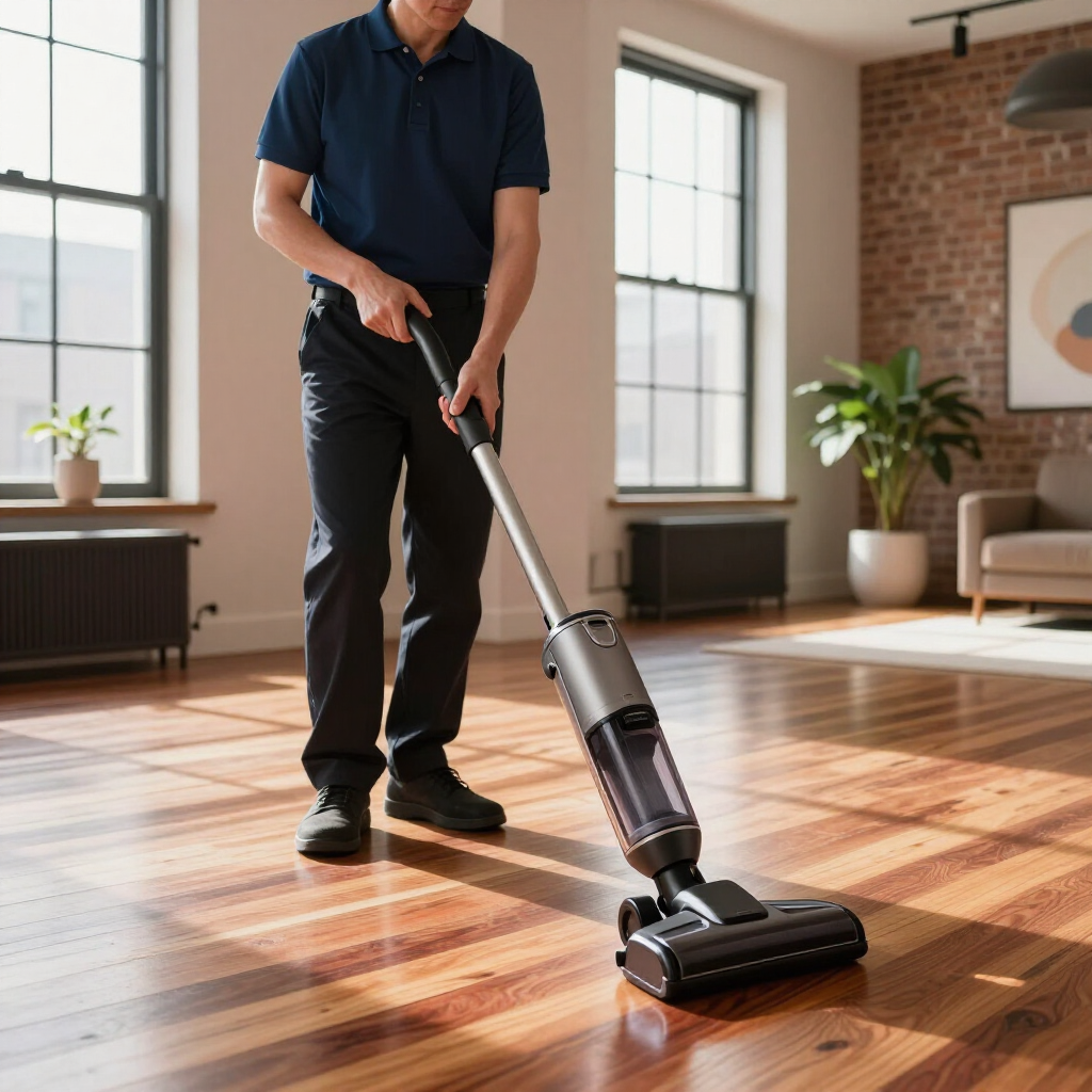 Person vacuuming a sunlit hardwood floor in a bright room