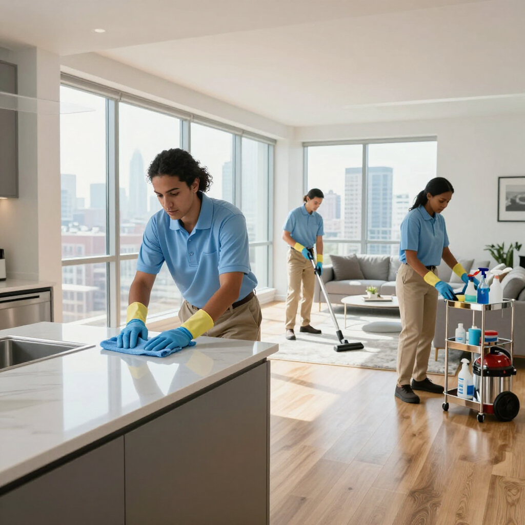 Three cleaners in blue shirts tidy a bright modern office with mops, spray bottles, and sunlight through large windows.