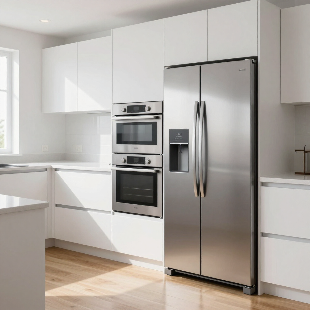 Modern white kitchen with stainless steel refrigerator and built-in oven under bright natural light