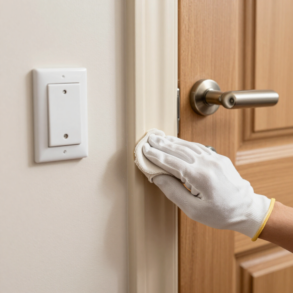 Gloved hand wiping a wooden door near a light switch