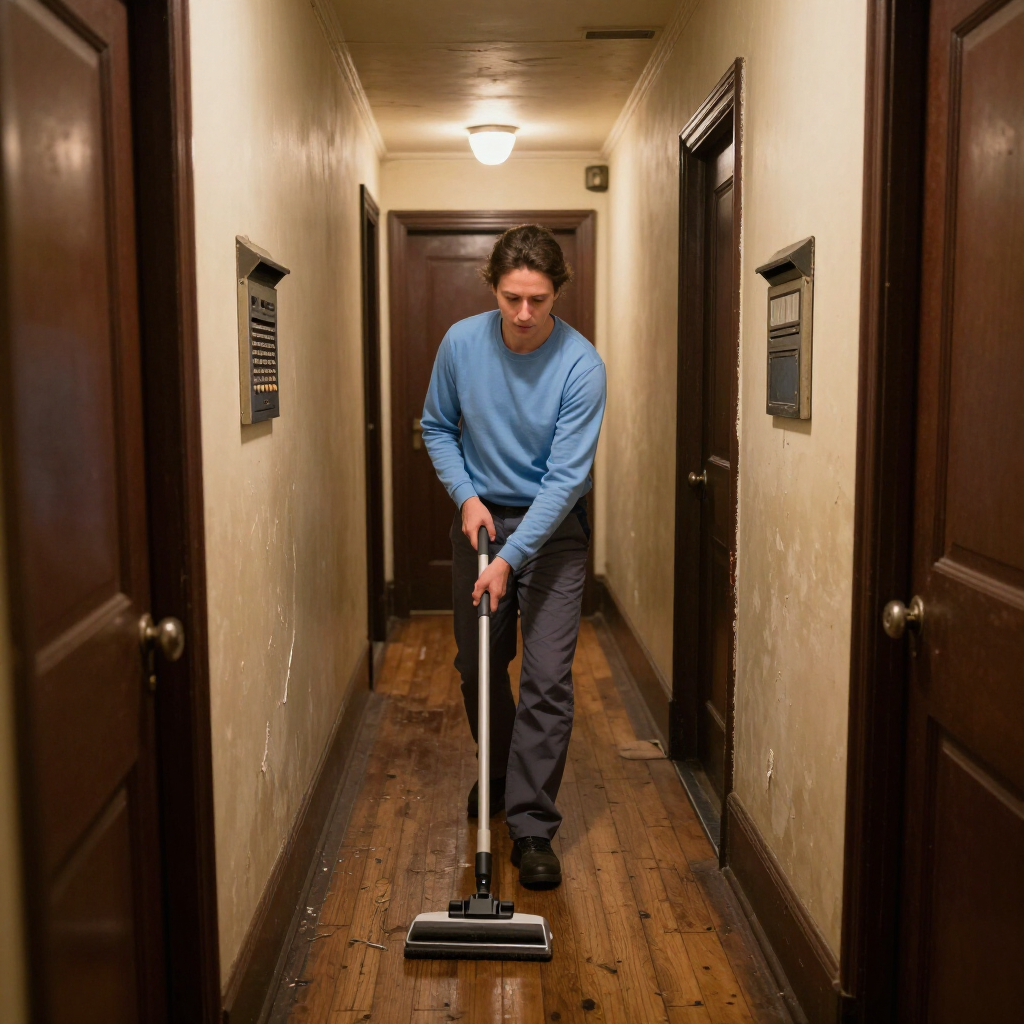 Man vacuuming a narrow hallway with wooden floors and closed doors on both sides.