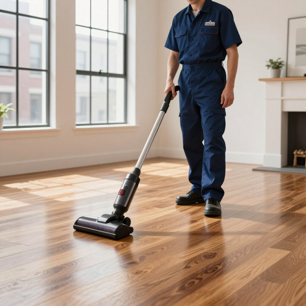 Person vacuuming a hardwood floor in a sunlit room