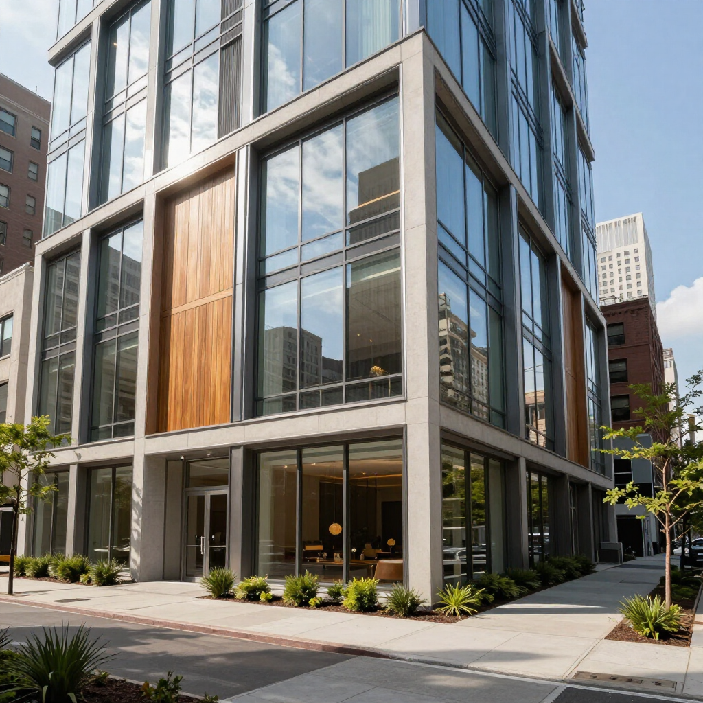 Modern glass office building with wood accents on a city street corner