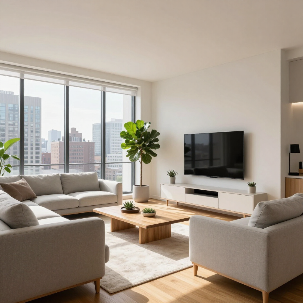 Bright modern living room with gray sofas, wooden coffee table, TV, and large city-view windows