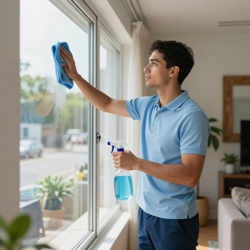 Person cleaning a window with a blue cloth and spray bottle in a bright living room