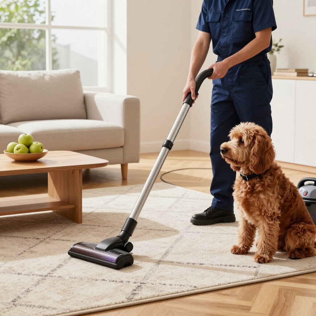 Person vacuuming a rug beside a seated brown dog in a bright living room