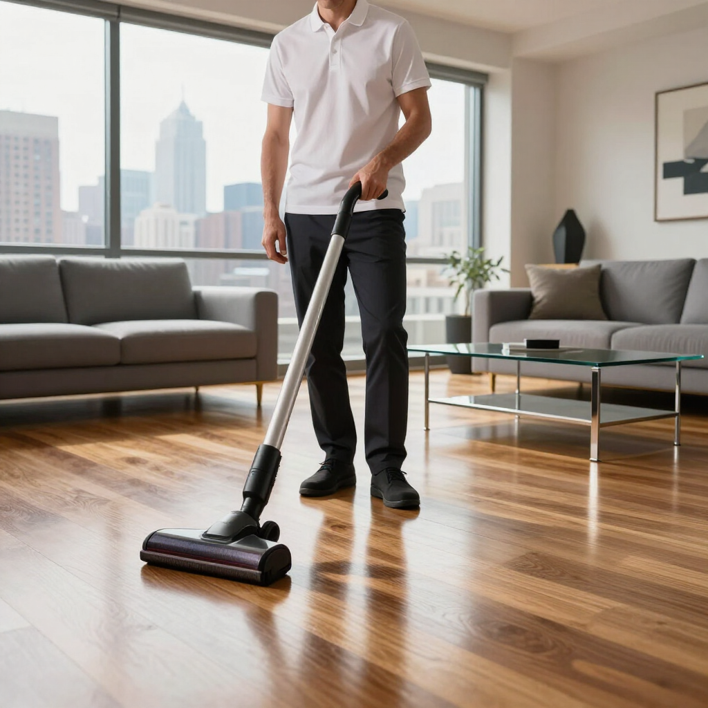 Person vacuuming a sunlit living room with hardwood floors and a city view.