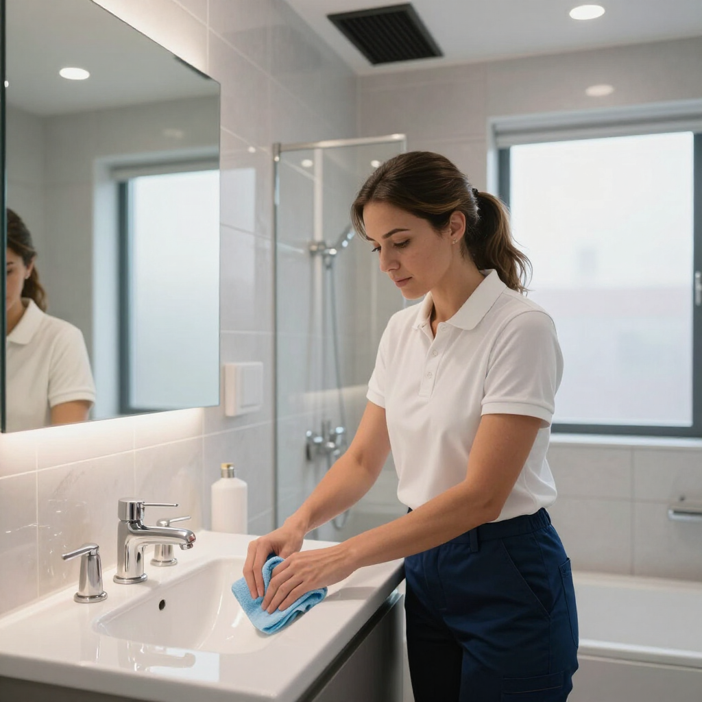 Woman wiping a bathroom sink with a blue cloth in a bright, modern bathroom