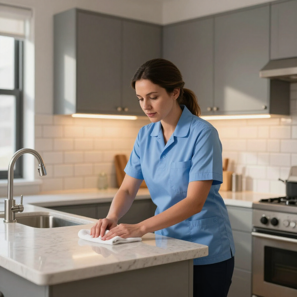 Person in a blue uniform wiping a kitchen counter in a modern home kitchen