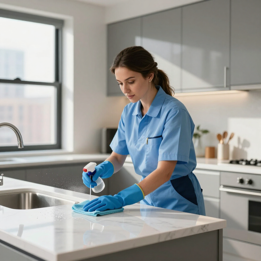 Cleaner in blue gloves wiping a white kitchen countertop with spray bottle in a bright modern kitchen
