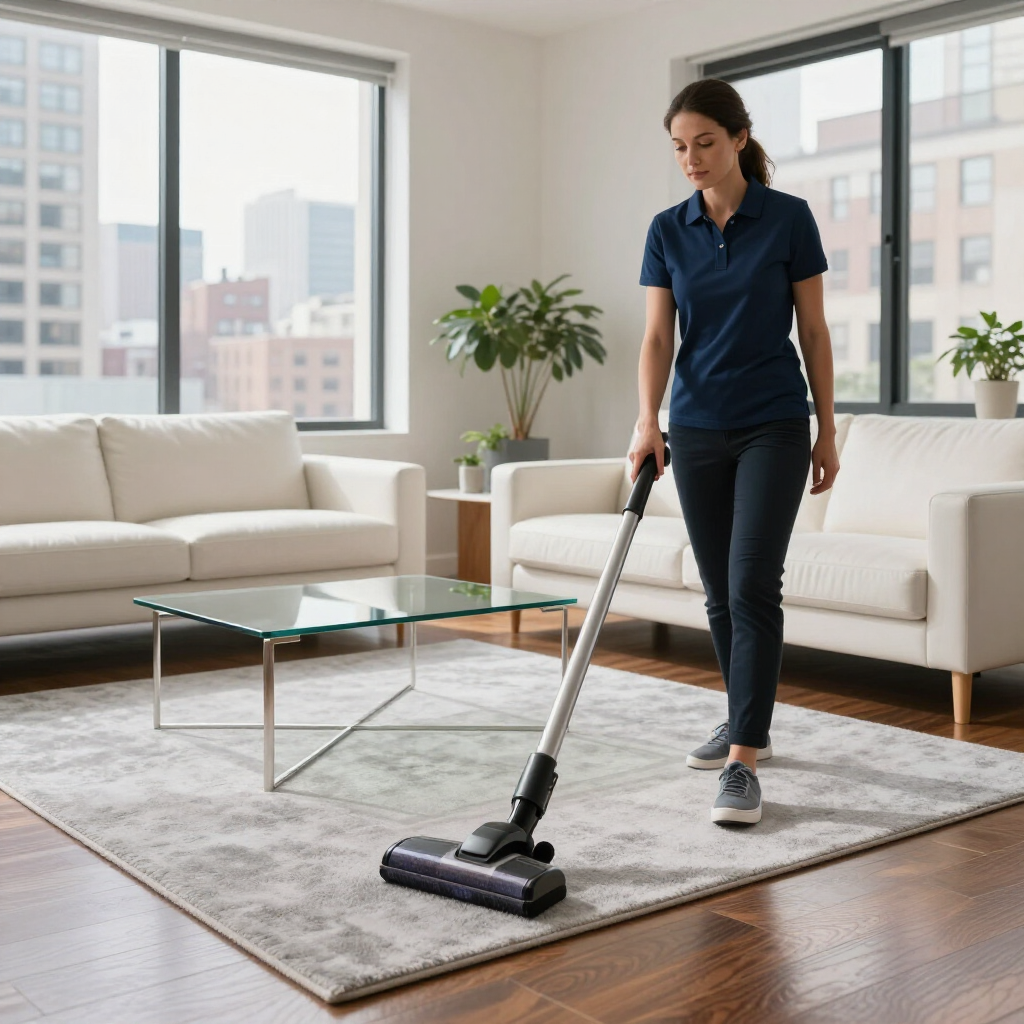 Woman vacuuming a bright living room with white sofas and large windows