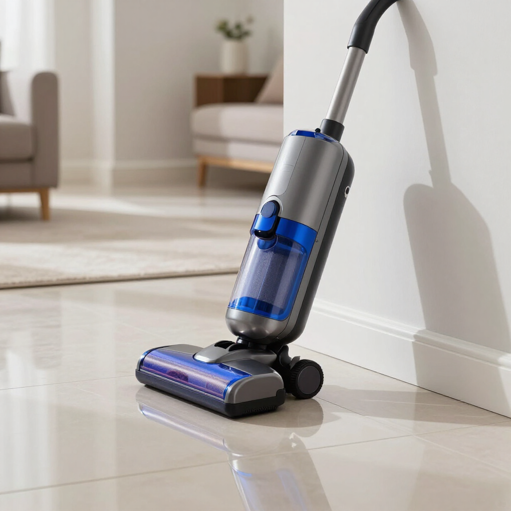 Blue-and-silver cordless vacuum cleaner on a hardwood floor beside a wall in a living room