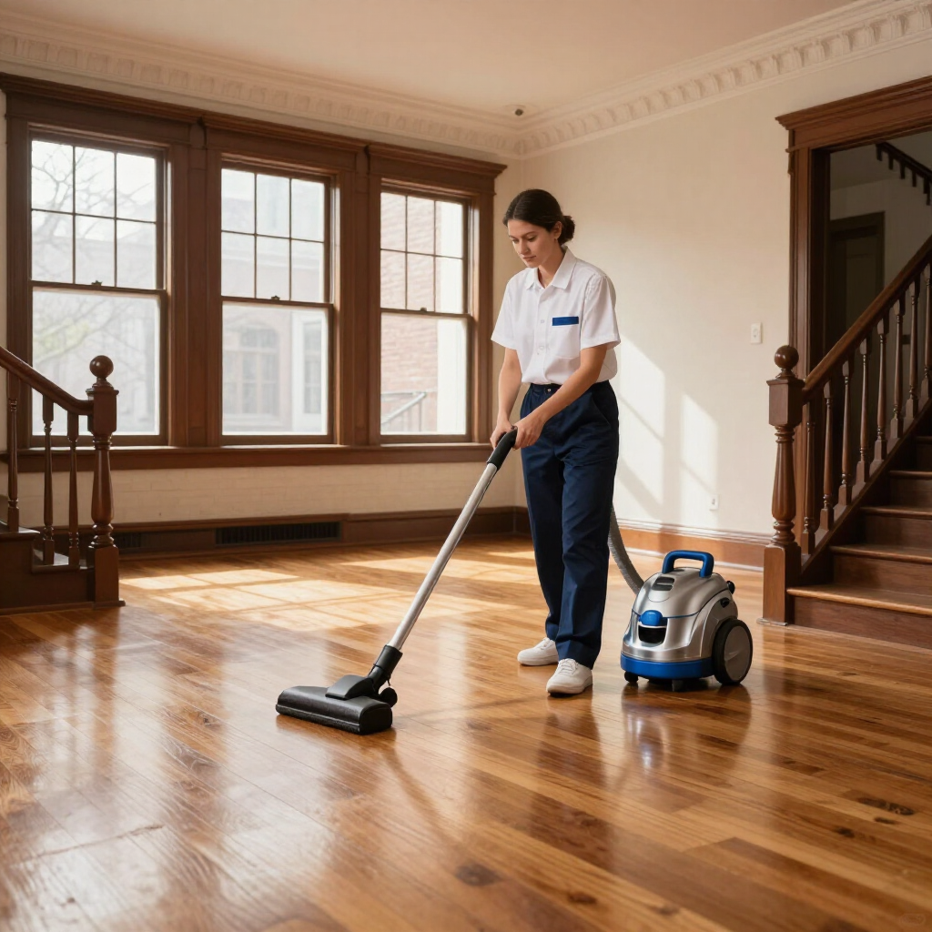 Person vacuuming a hardwood floor in a sunlit empty room, with a canister vacuum nearby