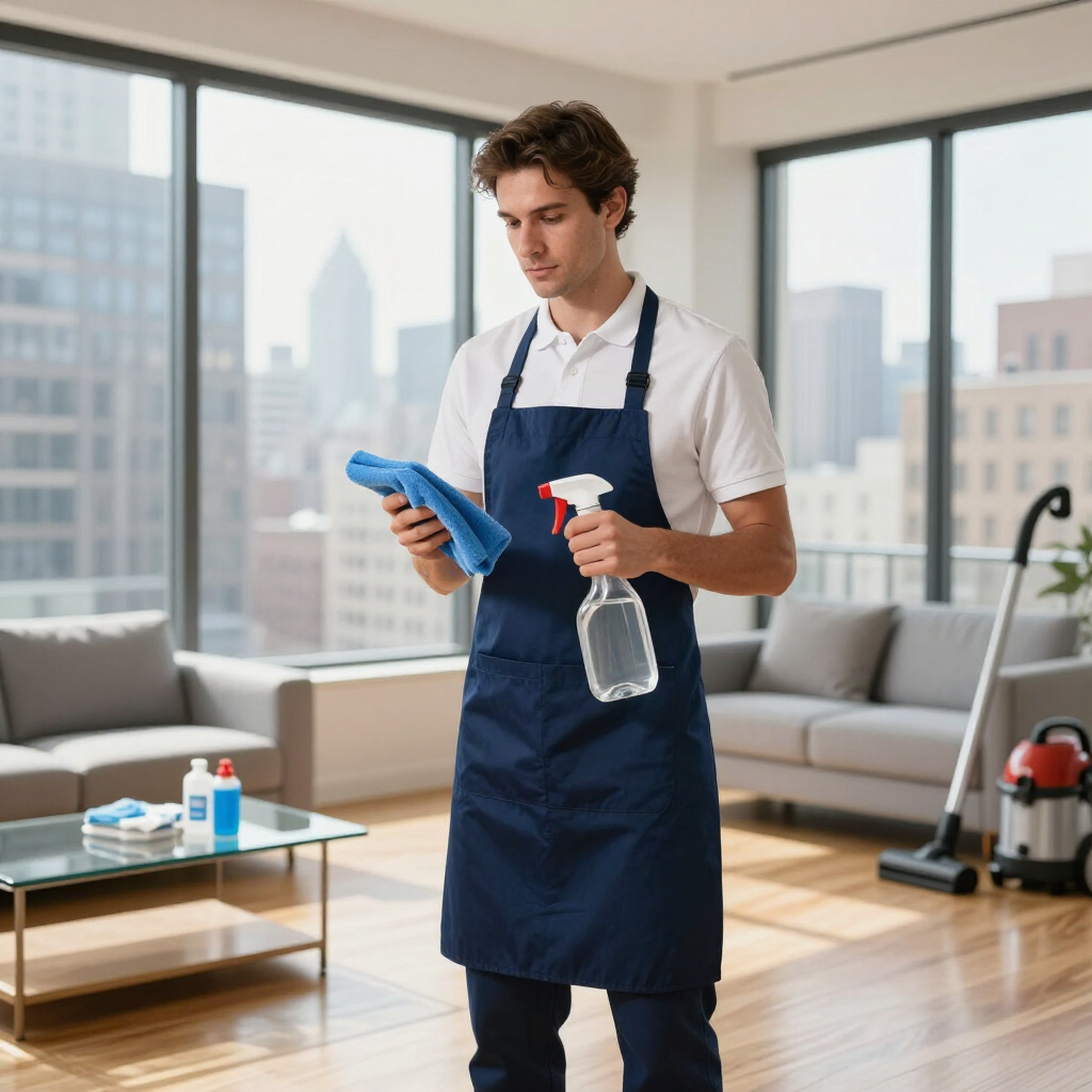 Cleaner in navy apron holding cleaning supplies in a bright modern apartment with city views