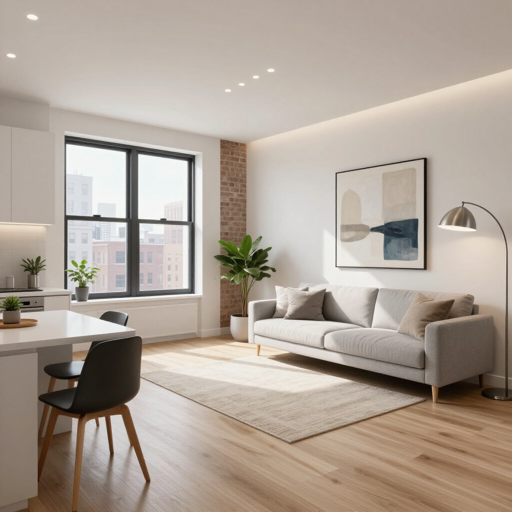 Modern minimalist living room with beige sofa, abstract wall art, wood floors, and a large window beside a dining table.