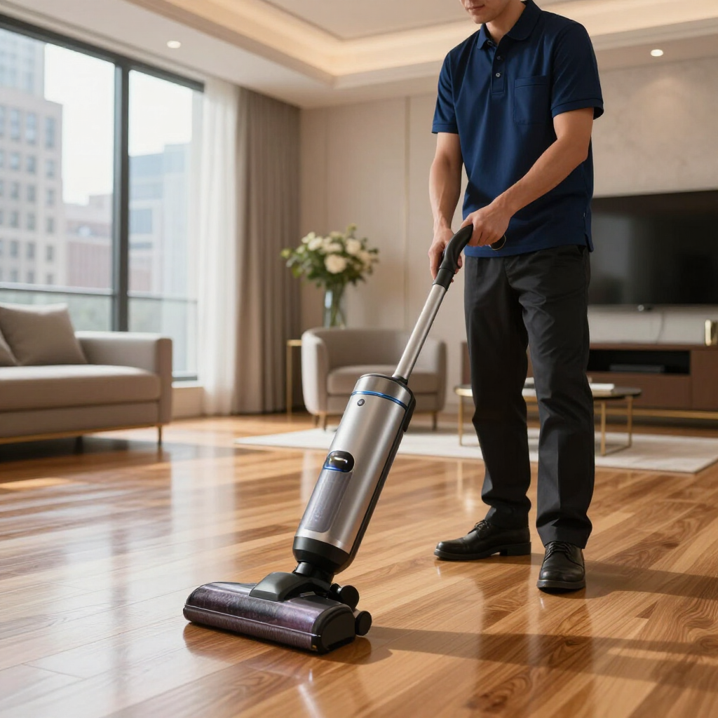 Person vacuuming a hardwood floor in a bright living room with large windows.