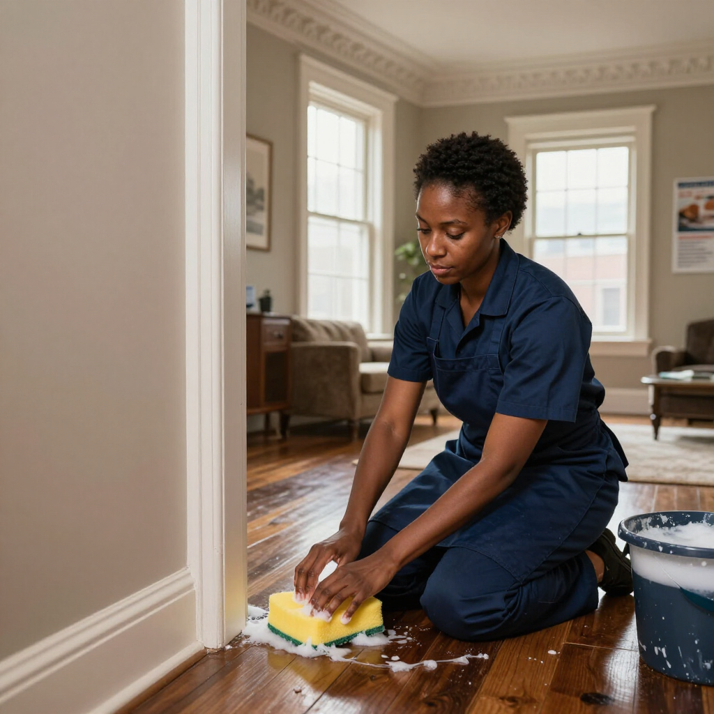 Woman kneels mopping a hardwood floor in a bright living room with a bucket nearby.