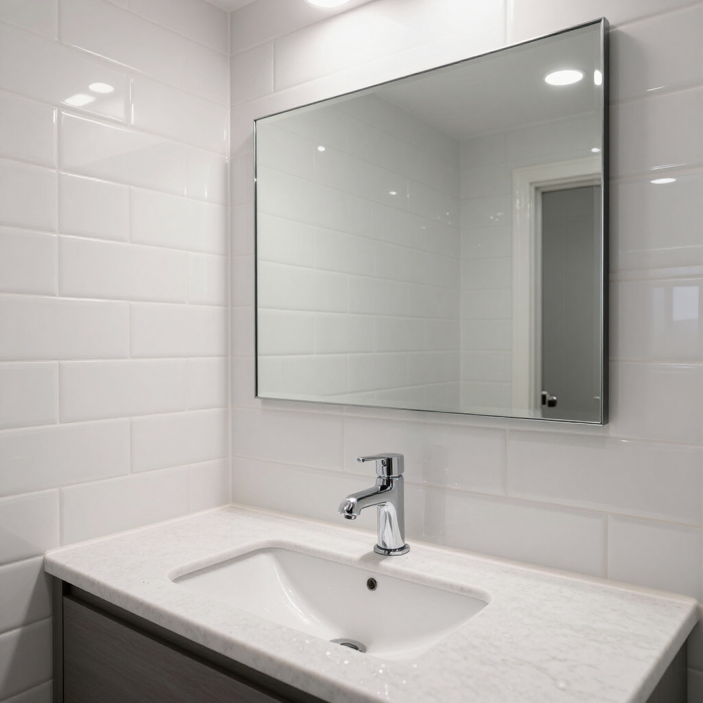 Modern white bathroom with subway tile, a large mirror, and a marble vanity with sink and chrome faucet