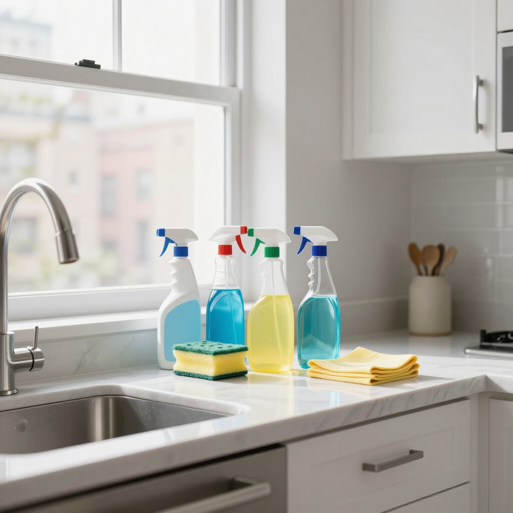 Spray bottles and yellow cloths on a bright kitchen counter by the sink