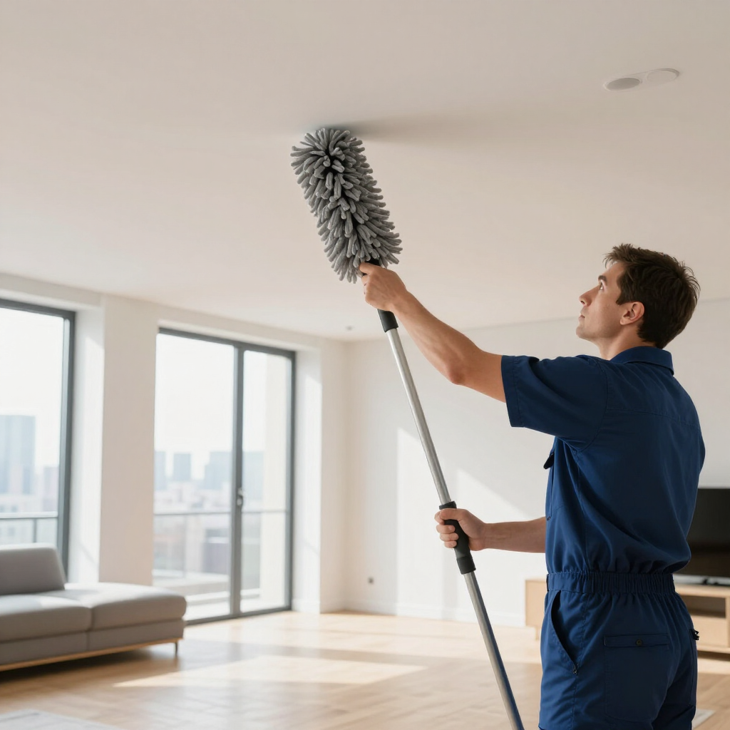Person dusting a ceiling with an extendable duster in a bright, empty living room