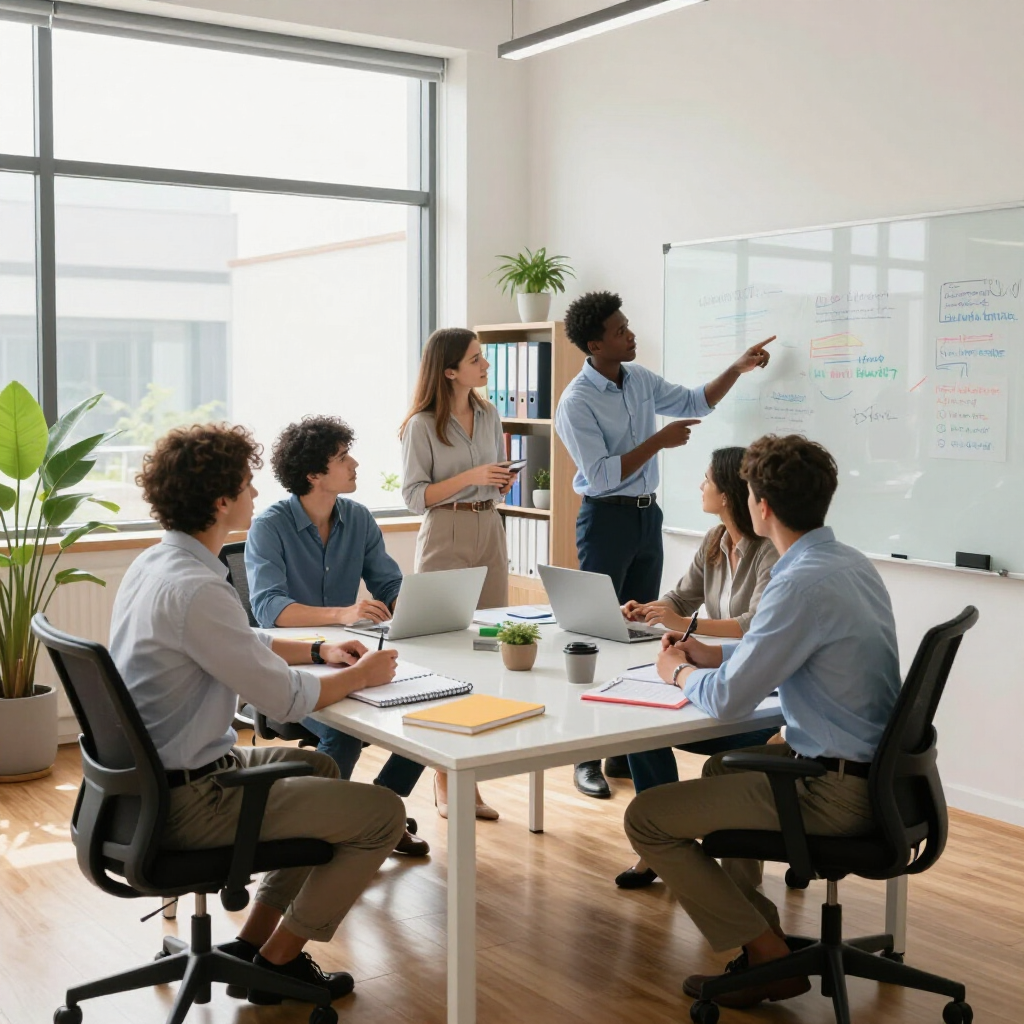 Team meeting in a bright office, with people gathered around a table and presenting at a whiteboard.