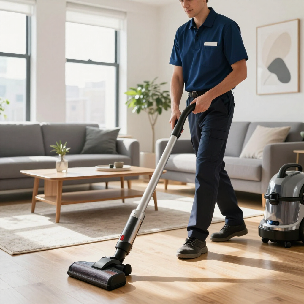 Vacuuming a bright living room with a cordless vacuum beside a couch and coffee table