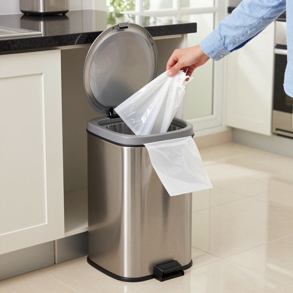 Person placing a trash bag into a stainless steel kitchen step trash can with lid open