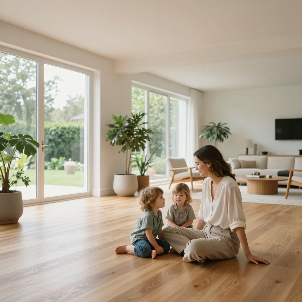 Woman reading to two children on a wooden floor in a bright modern living room