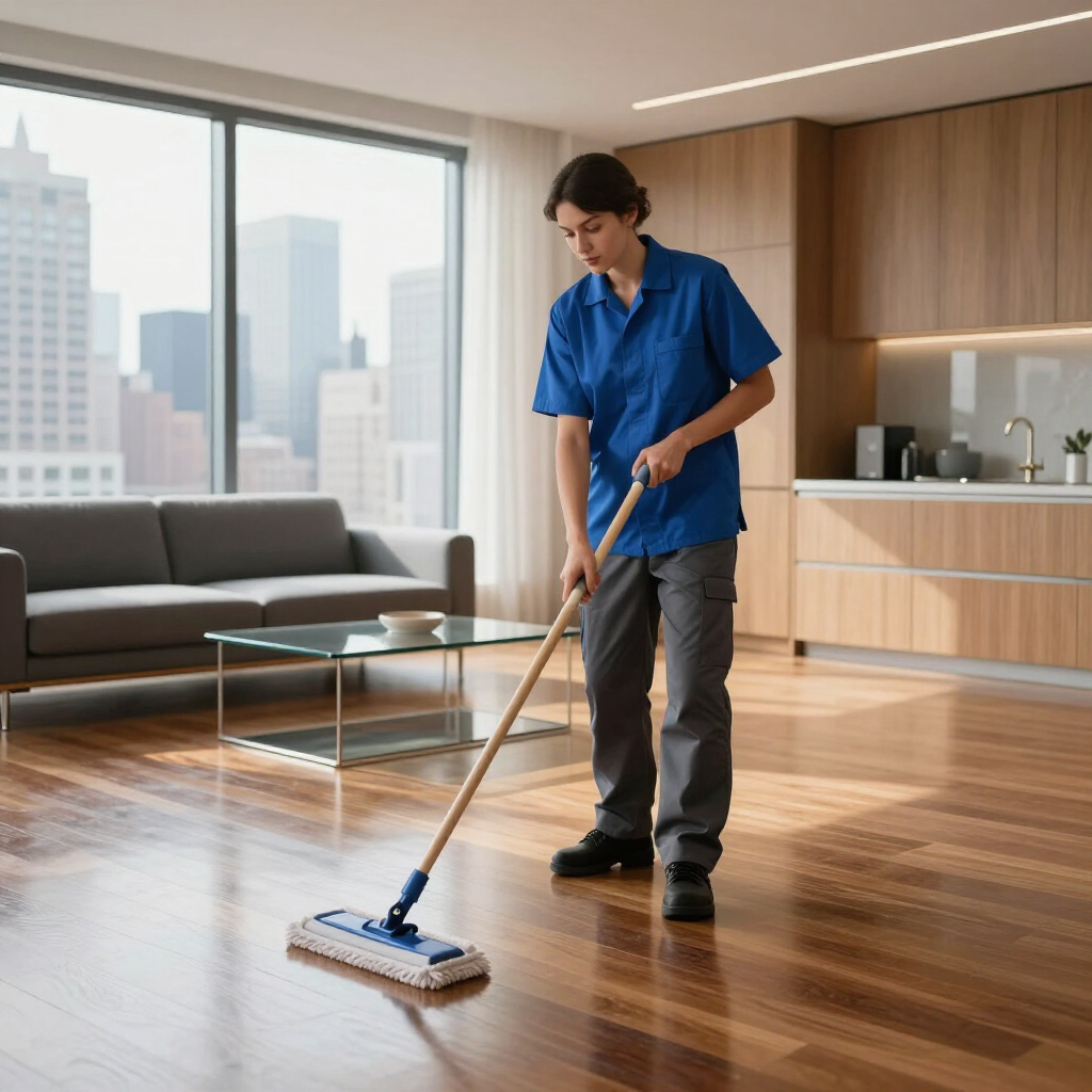Person mopping a polished wood floor in a modern living room.