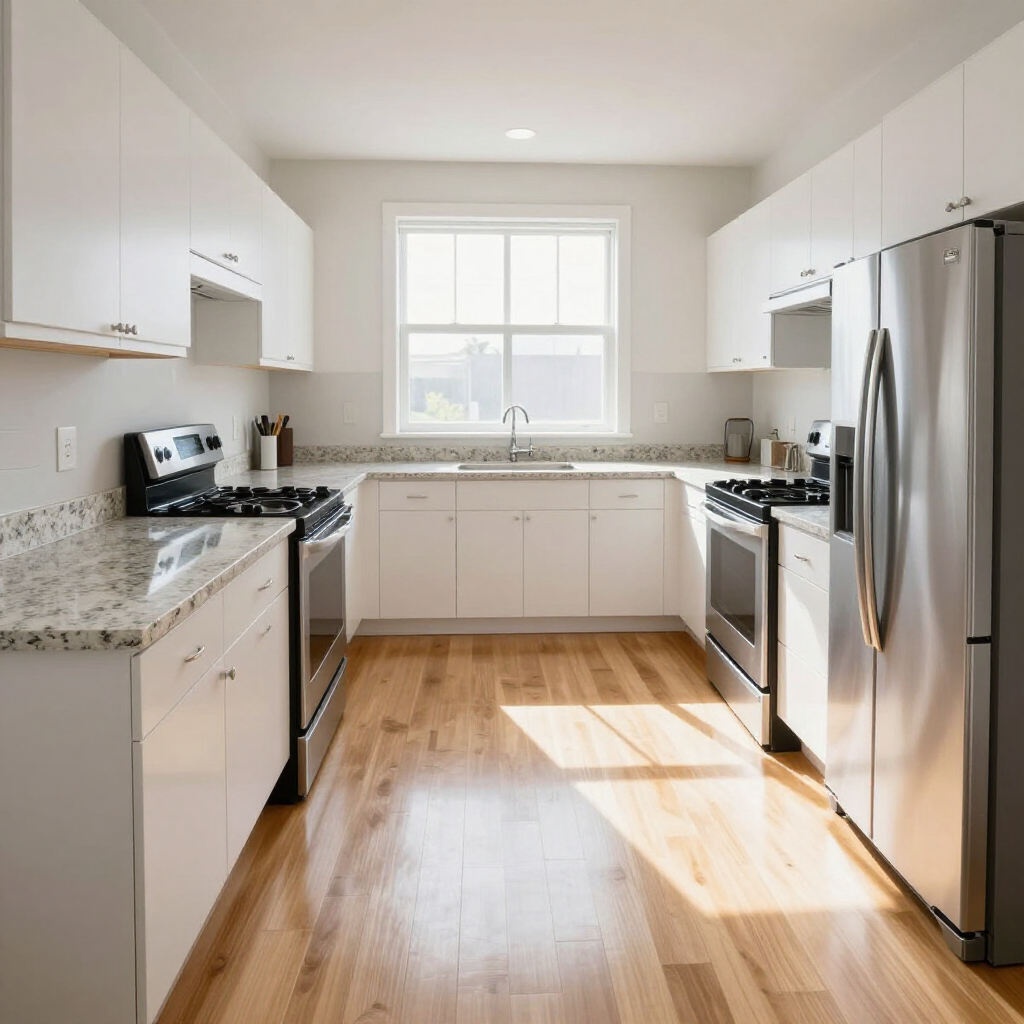 Bright white kitchen with stainless steel appliances, granite countertops, and sunlight on a wood floor.