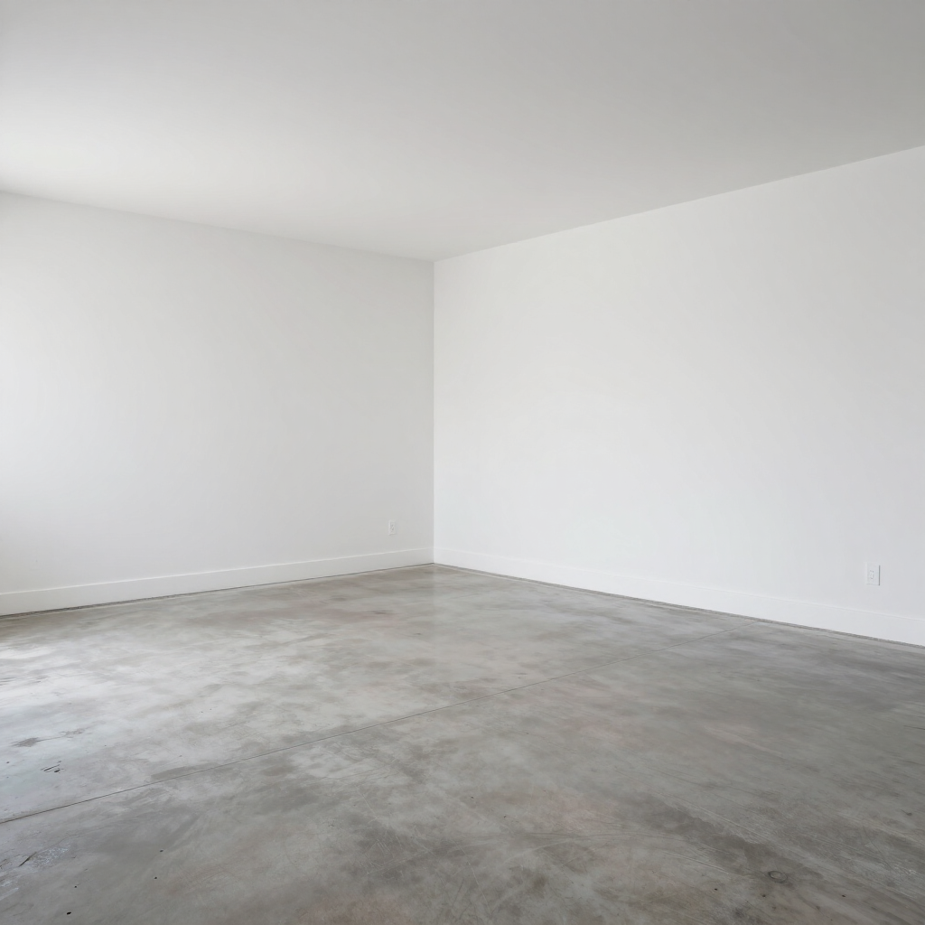 Empty white room with bare concrete floor and walls