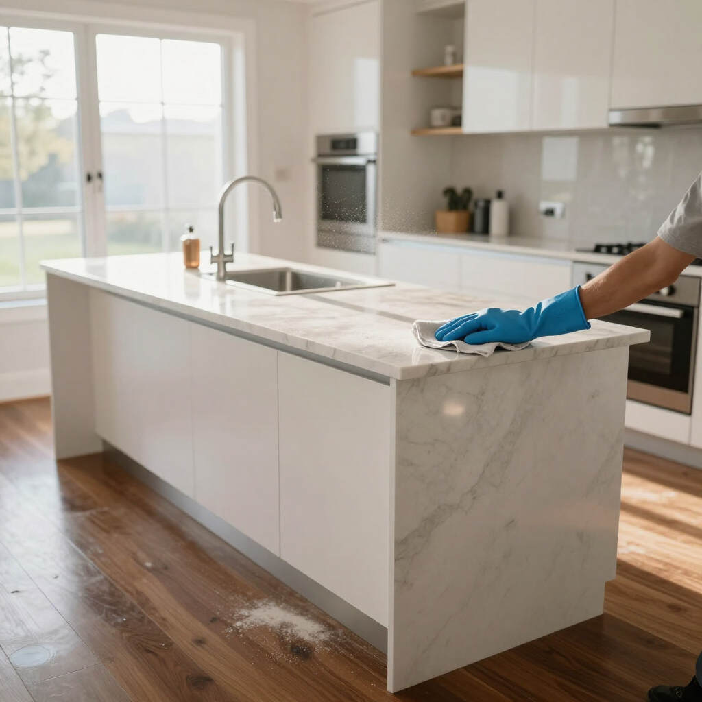 Person wiping a white marble kitchen island in a bright modern kitchen