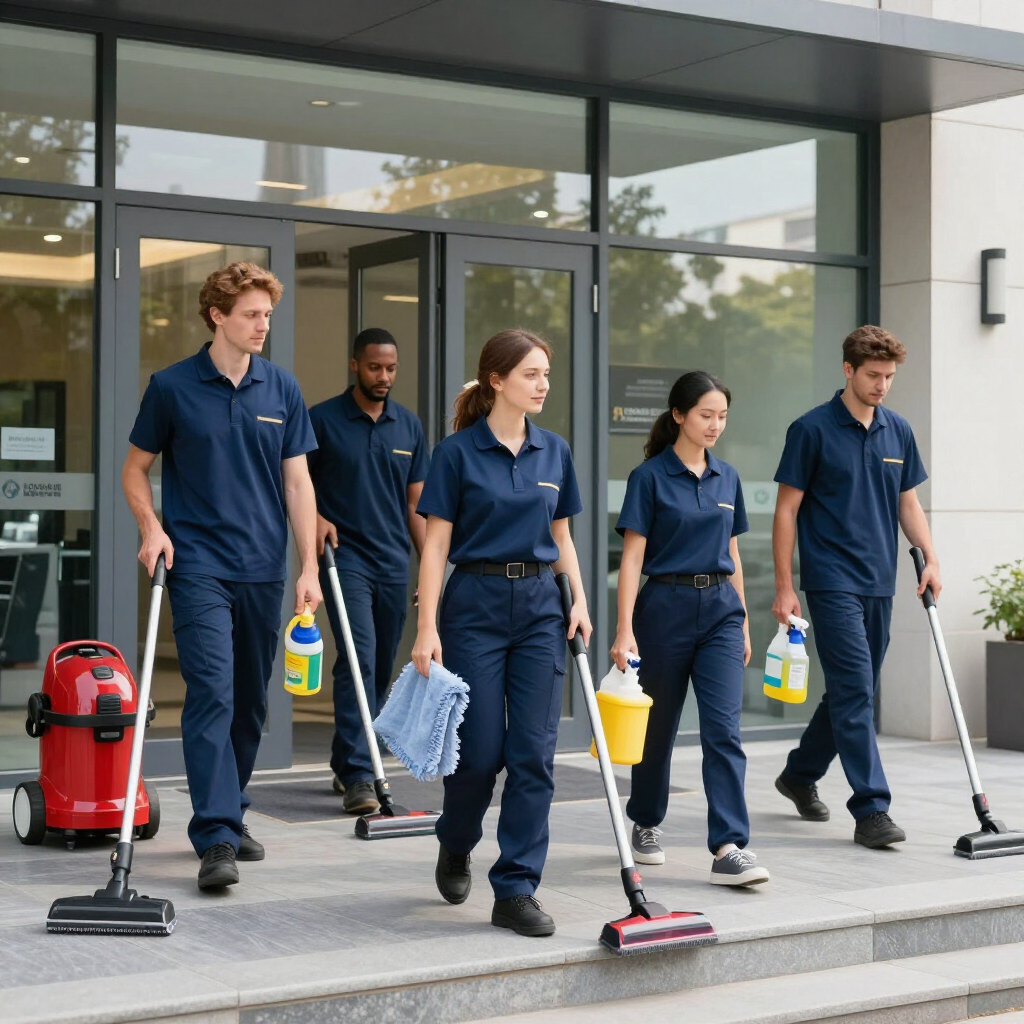 Cleaning crew with mops and supplies outside a glass office entrance