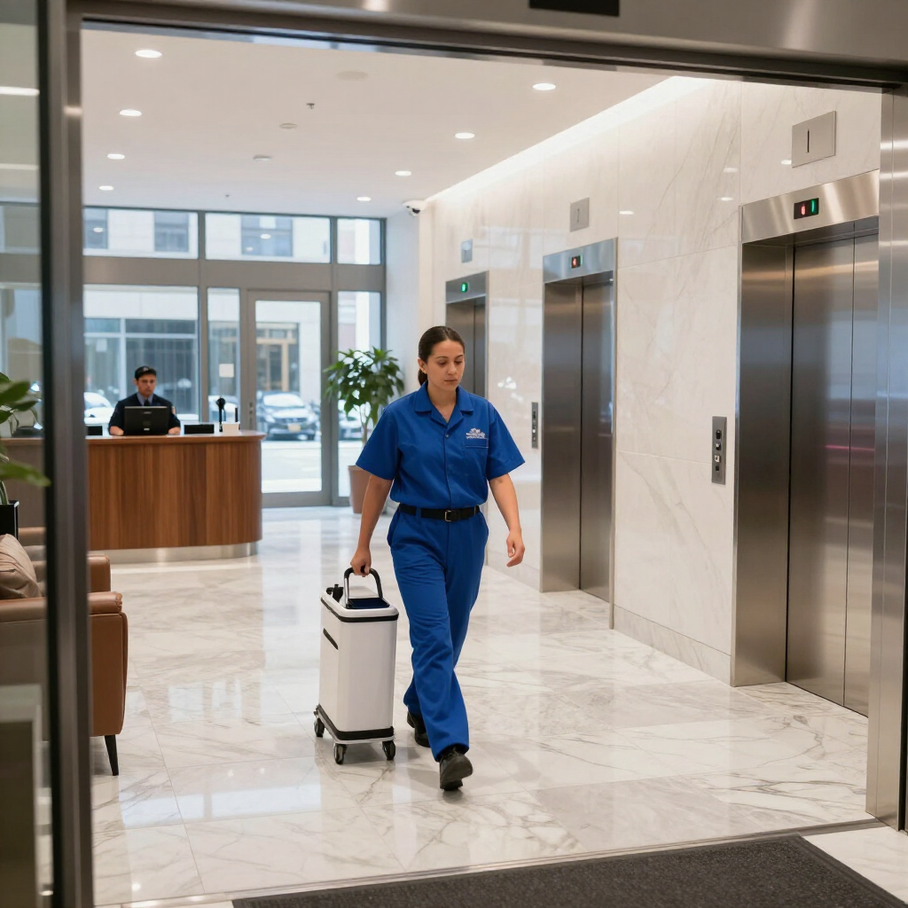 Cleaner in blue uniform walking through a bright lobby with a floor-cleaning machine near elevators