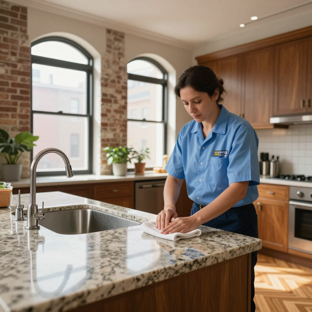 Person wiping a granite kitchen island in a bright modern kitchen