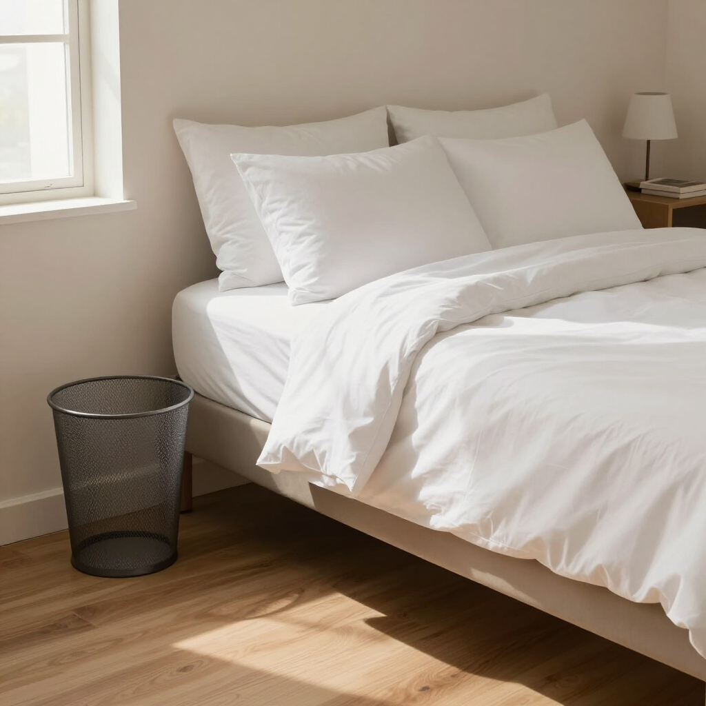 Bright bedroom with a white bed, pillows, wooden floor, and a black mesh wastebasket by the window.