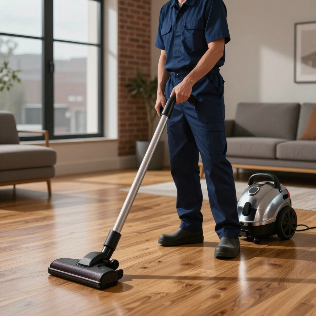 Person vacuuming a wooden floor in a modern living room with a canister vacuum nearby