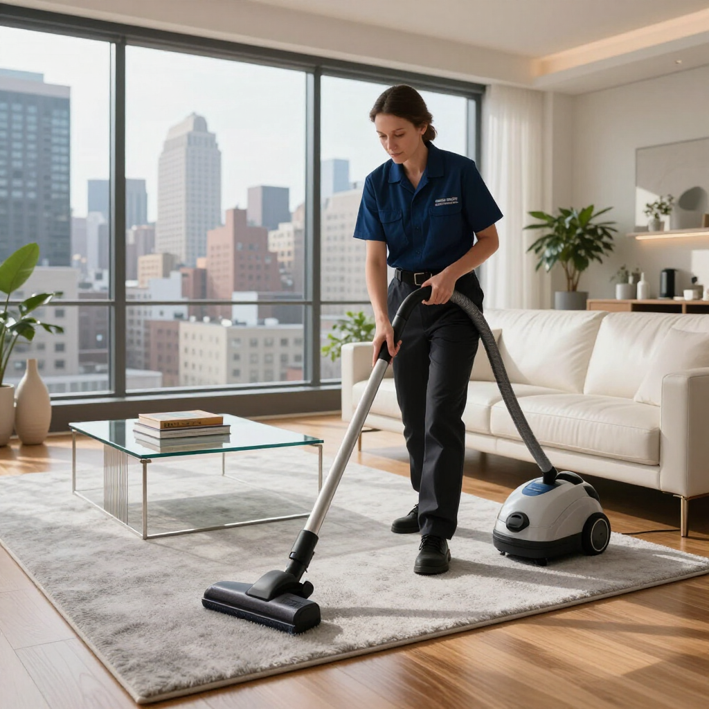 Cleaner vacuuming a modern living room with city view through large windows.