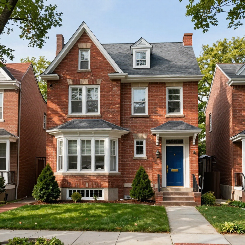Red brick two-story house with a blue front door, bay window, and small front lawn.