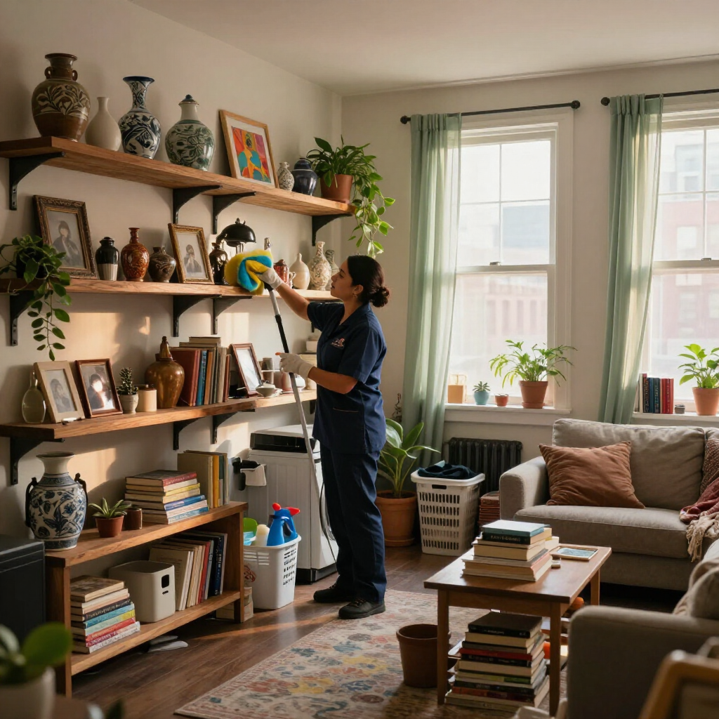 Person arranging decor on a tall bookshelf in a bright living room with plants and large windows