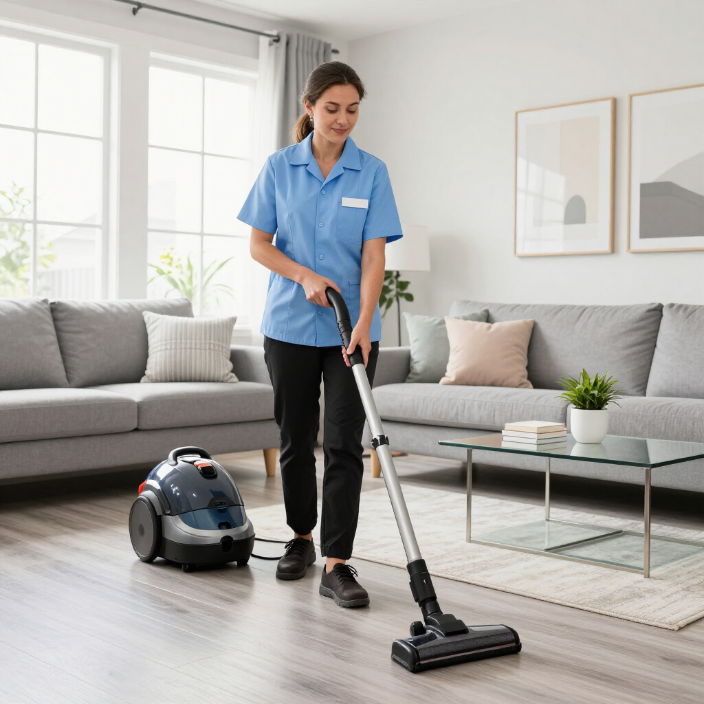 Vacuuming a bright living room with a cordless stick vacuum, robot vacuum nearby