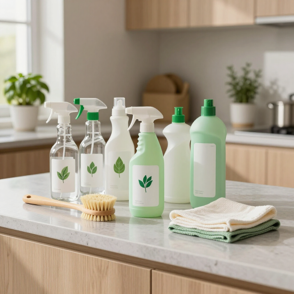 Eco-friendly cleaning products, brush, and folded cloths on a kitchen counter in a bright kitchen