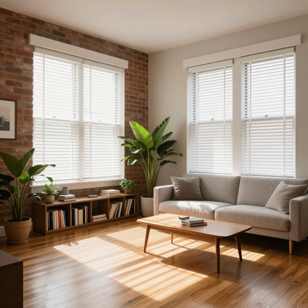 Sunlit living room with gray sofa, plants, wooden coffee table, and brick wall with large windows
