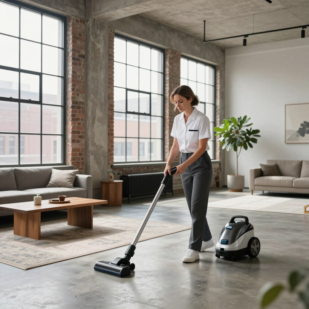 Person vacuuming a bright loft living room with a canister vacuum and large windows.
