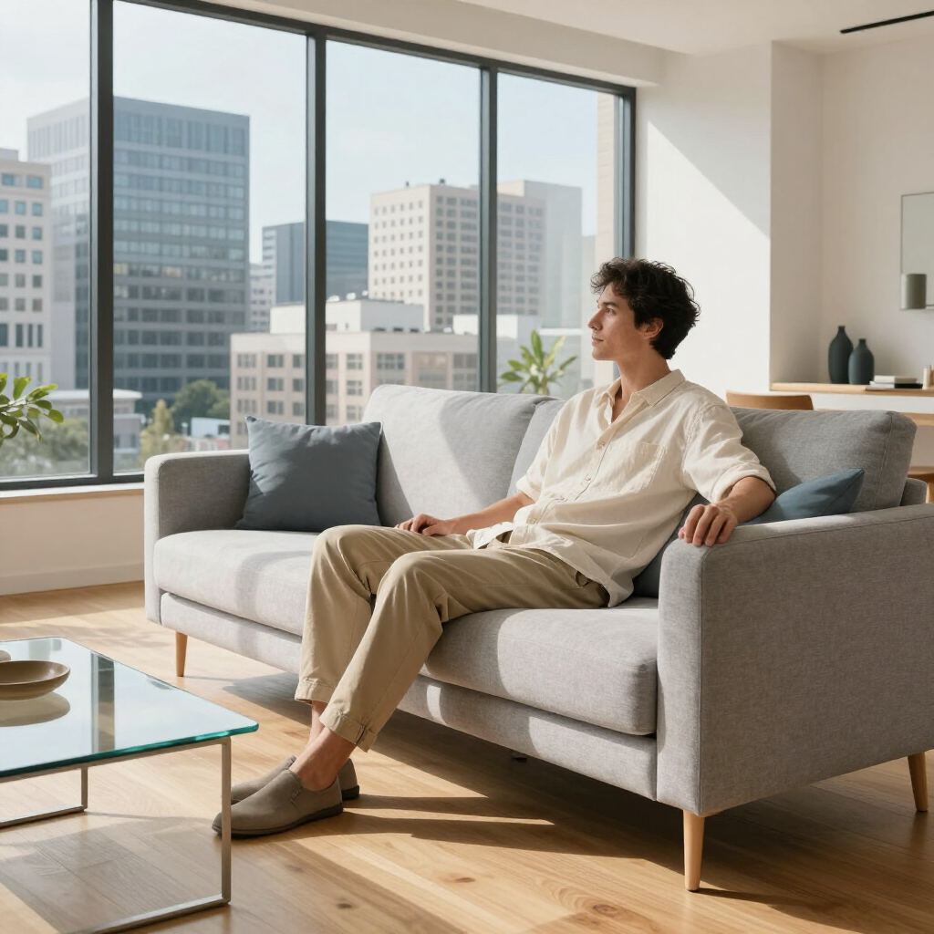 Person sitting on a gray sofa in a sunlit living room with city buildings visible through large windows