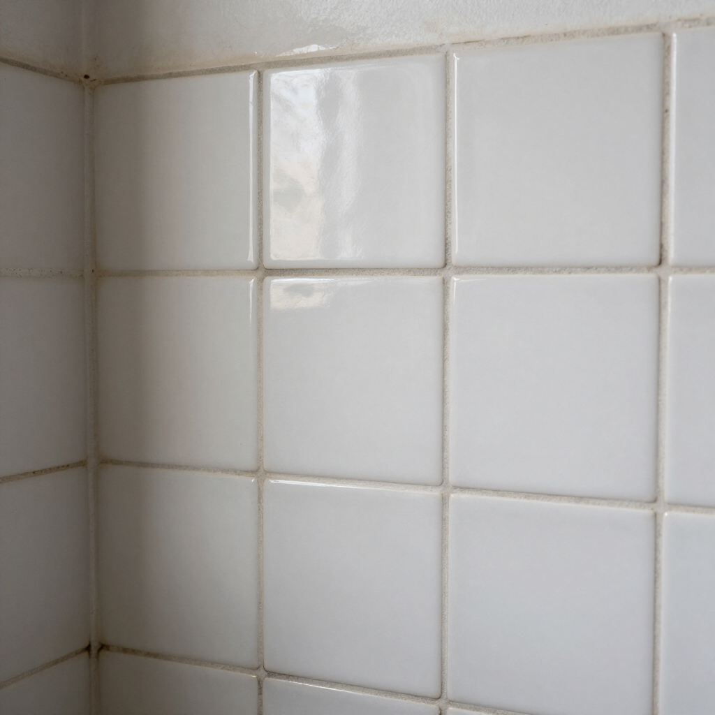Glossy white tiled corner wall with beige grout lines