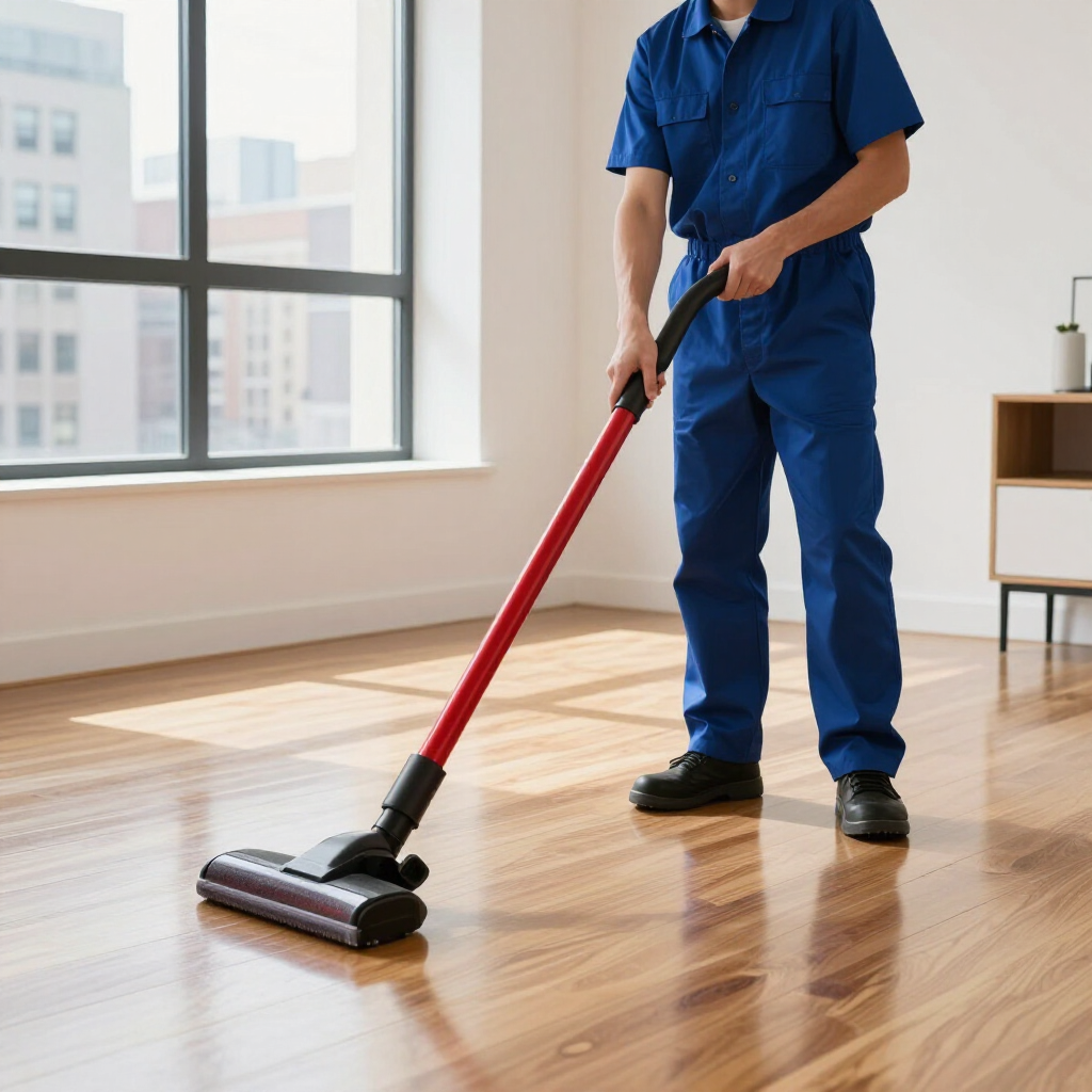 Cleaner using a red vacuum on a polished wooden floor in a bright room