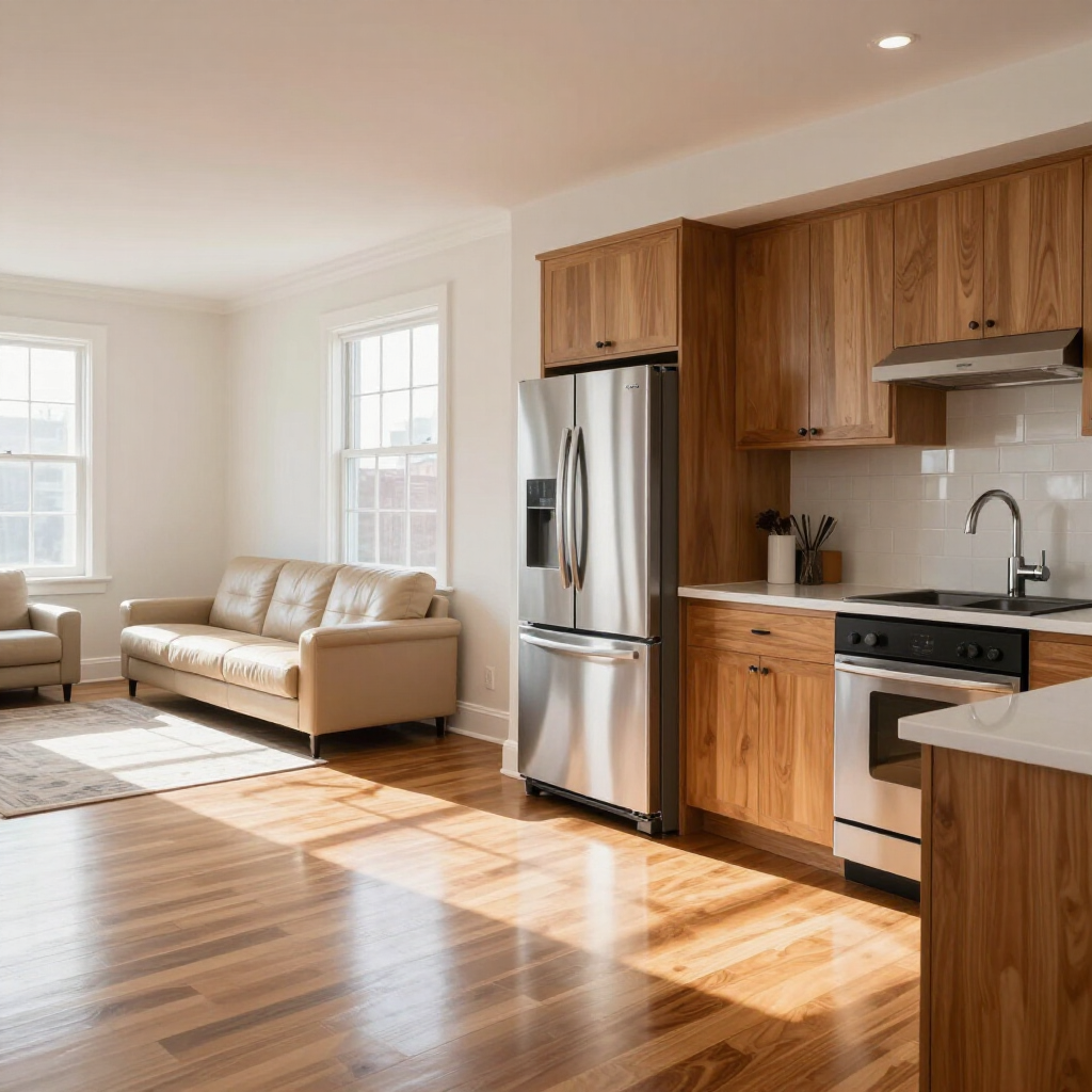 Sunlit modern living room and kitchen with wood floors, beige sofa, and stainless steel appliances