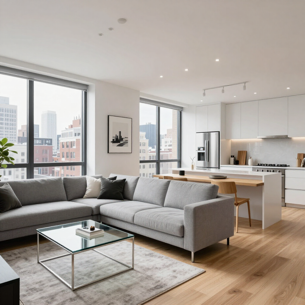 Modern open-plan living room with gray sectional, glass coffee table, and bright kitchen with city views