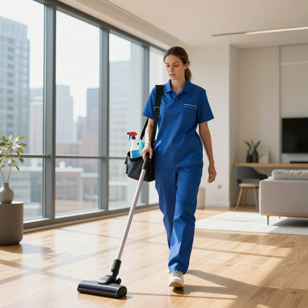 Janitor in blue uniform mopping a sunlit office floor near large windows